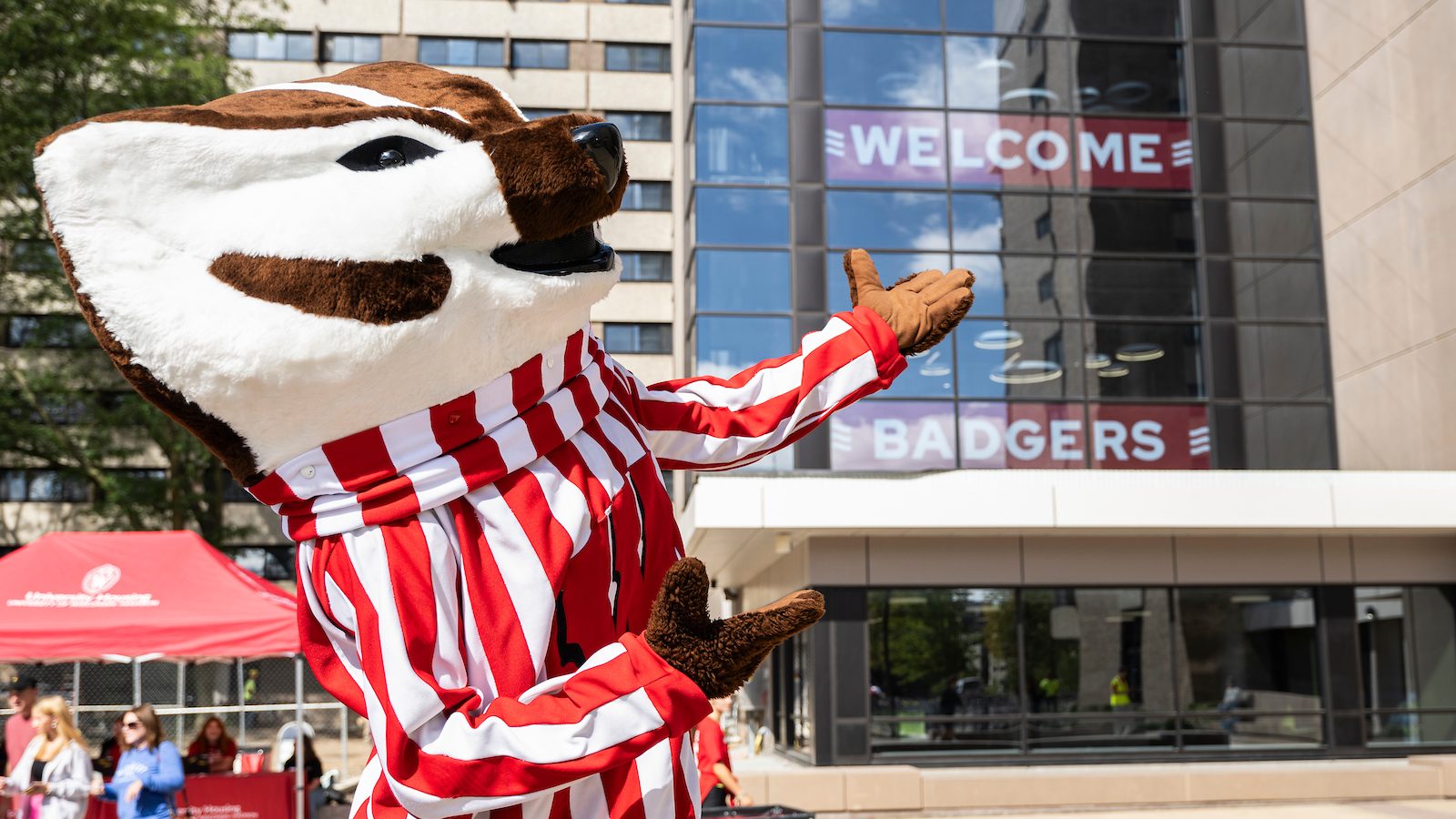 Bucky Badger in front of University Housing